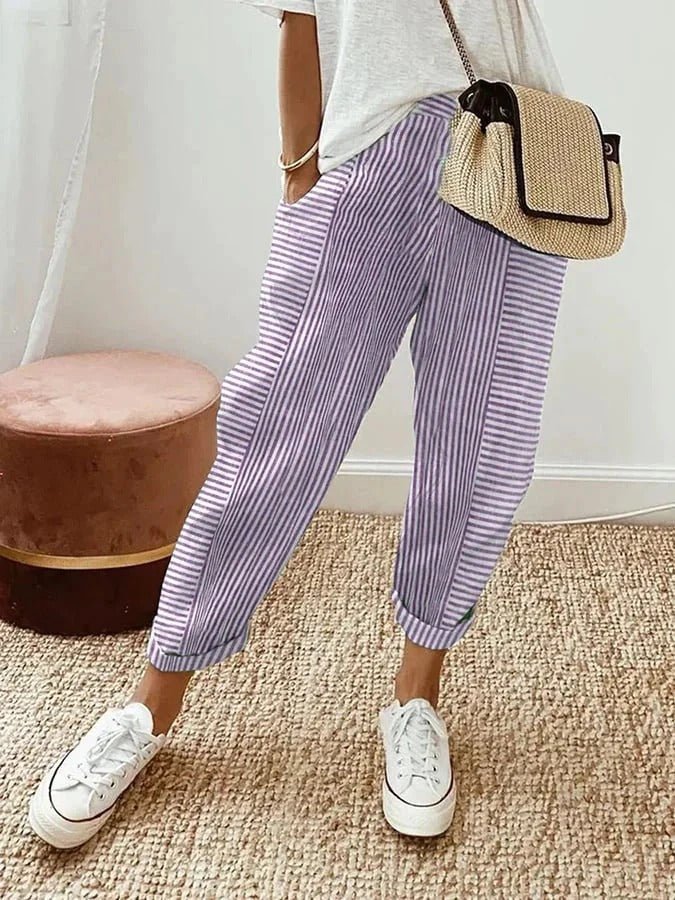 Carly Striped Linen-Look Capri Pants with Tapered Leg – Purple