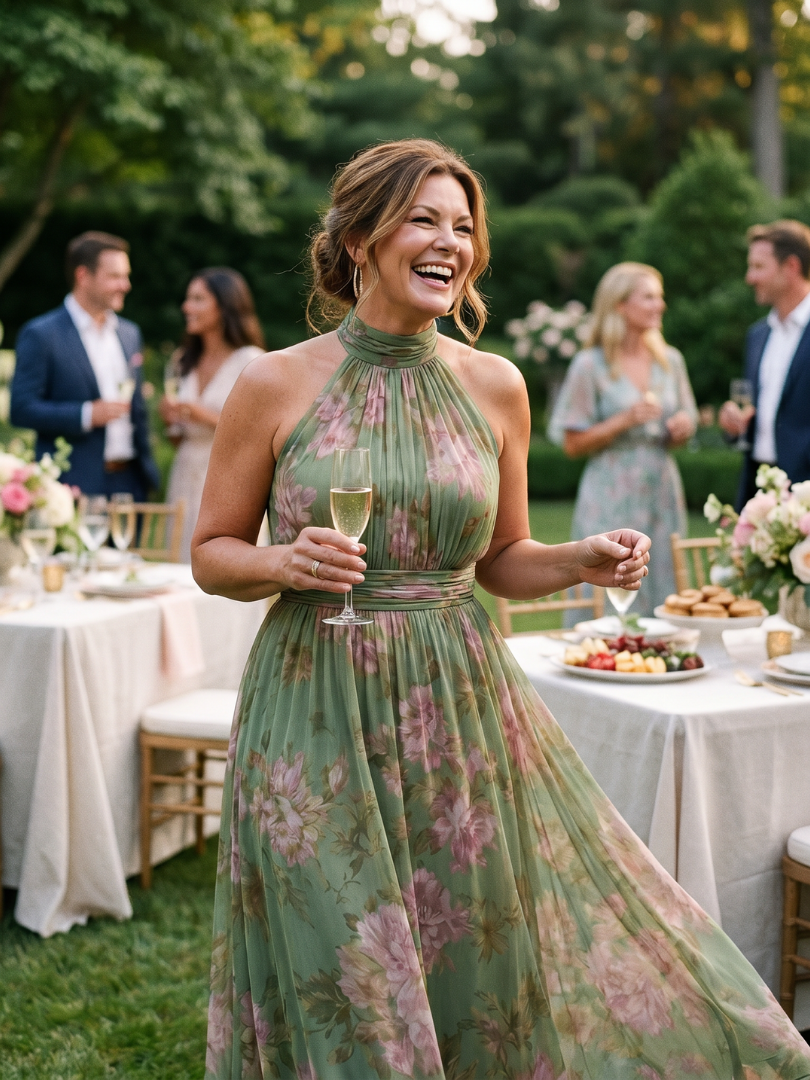 Elena Sage Green Halter Neck Midi Dress with Open Back