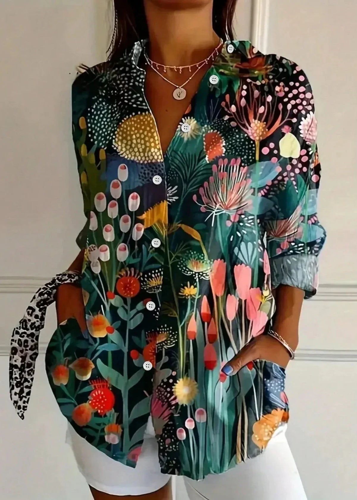 Erica Printed Cotton Summer Blouse with Button Front – Green