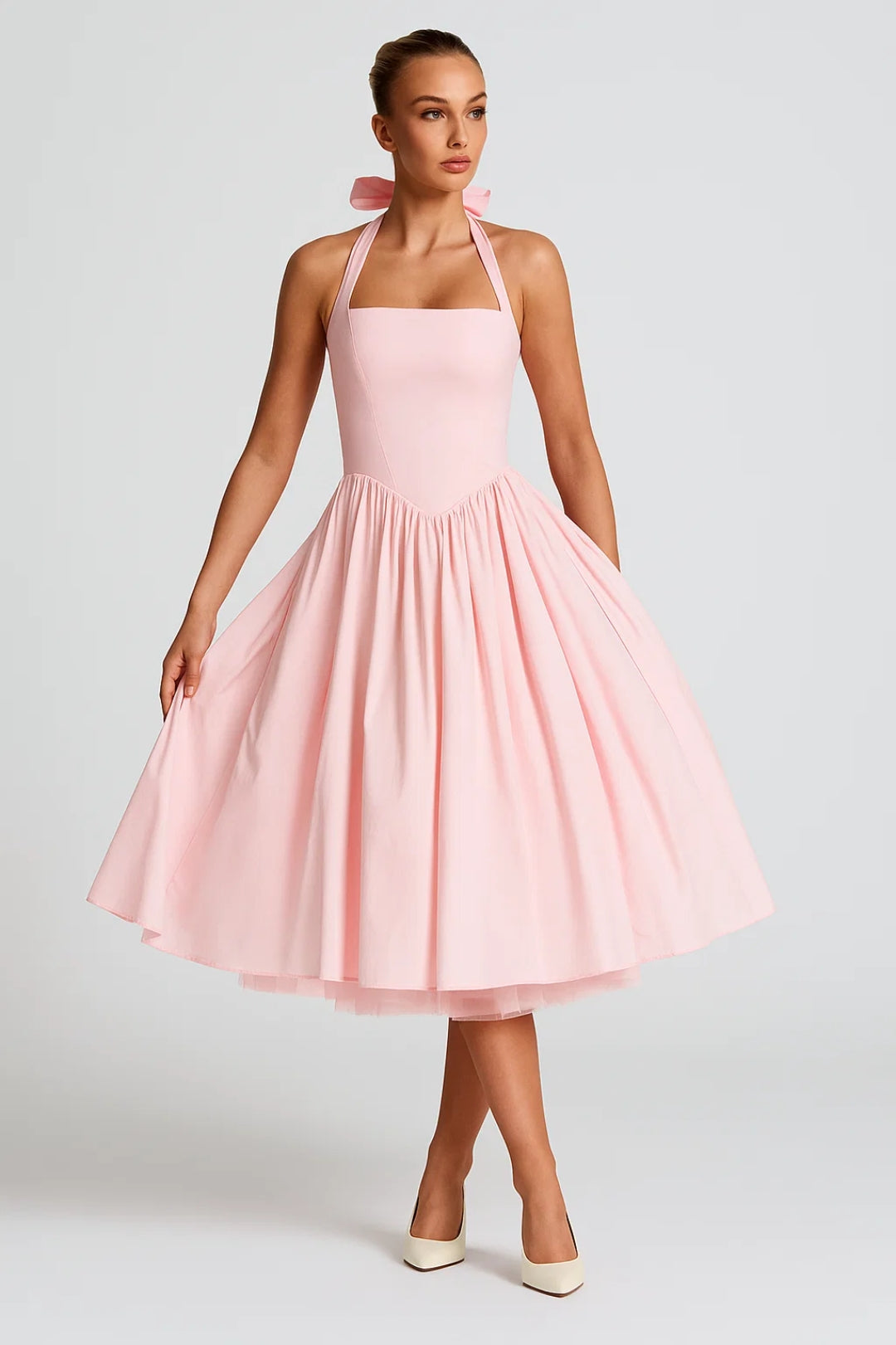 Fiona Elegant Pleated Halter Neck Midi Dress – Pink
