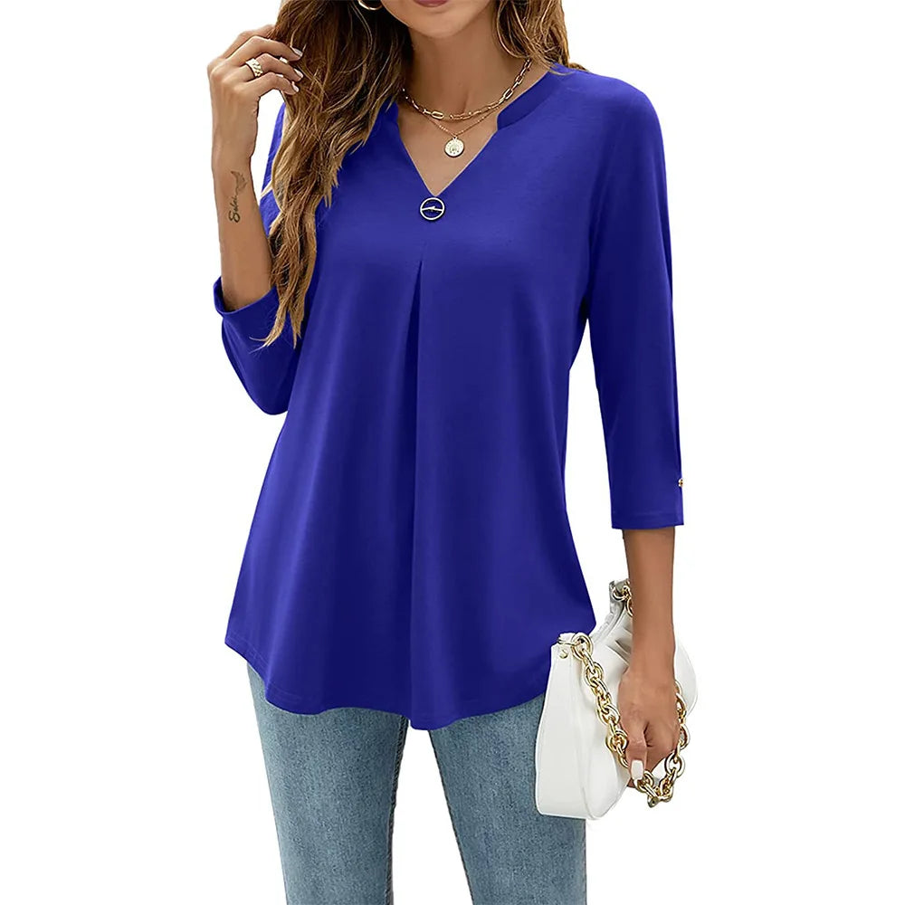 Gina Lightweight V-Neck Summer Top with Collar – Turquoise