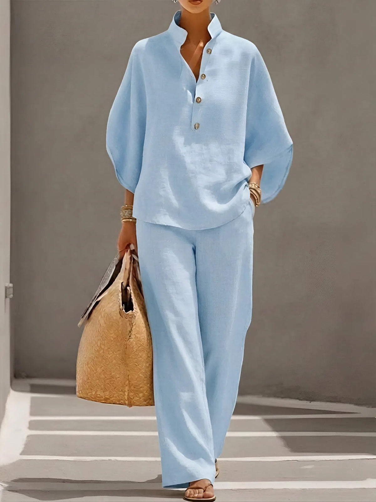 Keira Chic Linen-Look Wide-Leg Pants and Top Set – Light Blue