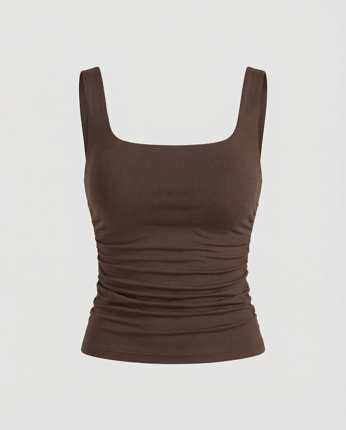 Leanne Ribbed Square Neck Tank Top with Ruched Sides – Brown