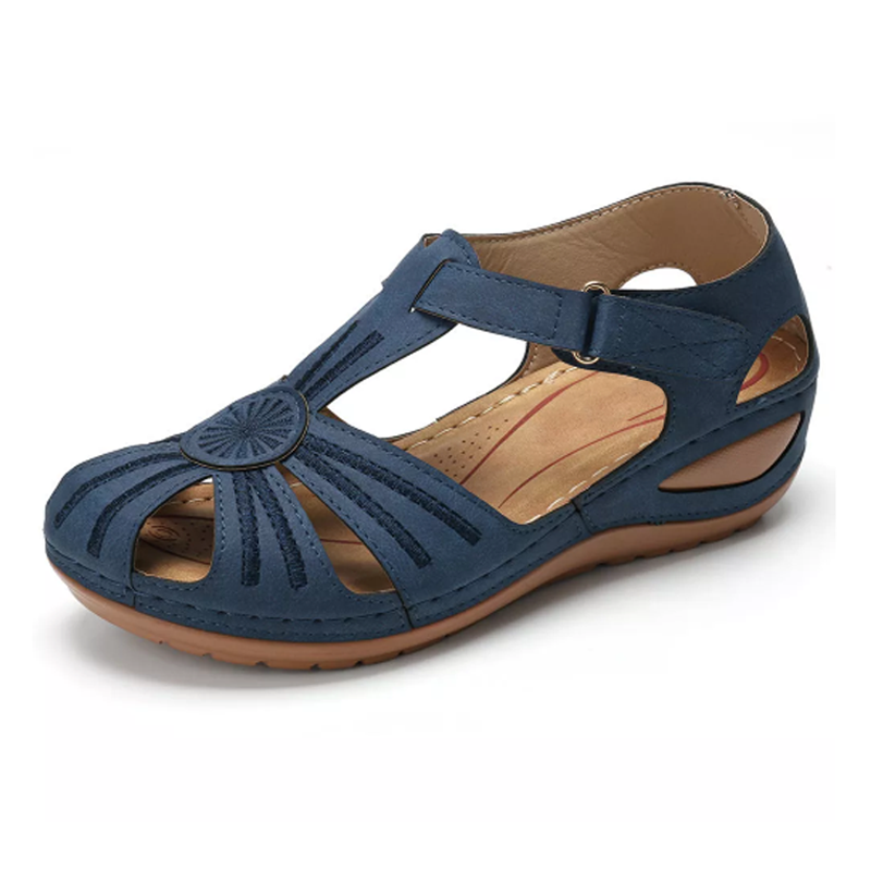 Lucia Comfortable Round-Toe Wedges with Hook and Loop Strap – Navy Blue