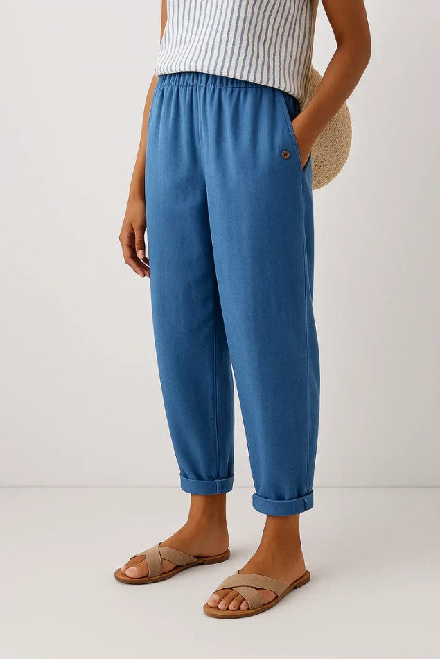 Maggie Loose Casual Linen Pants with Soft Waistband – Blue
