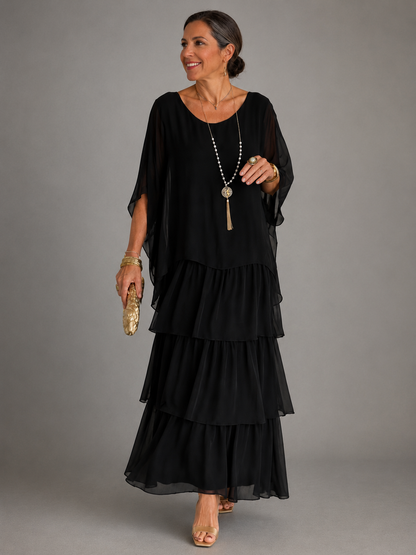 Ada Relaxed Layered Maxi Dress with Flowing Skirt – Black