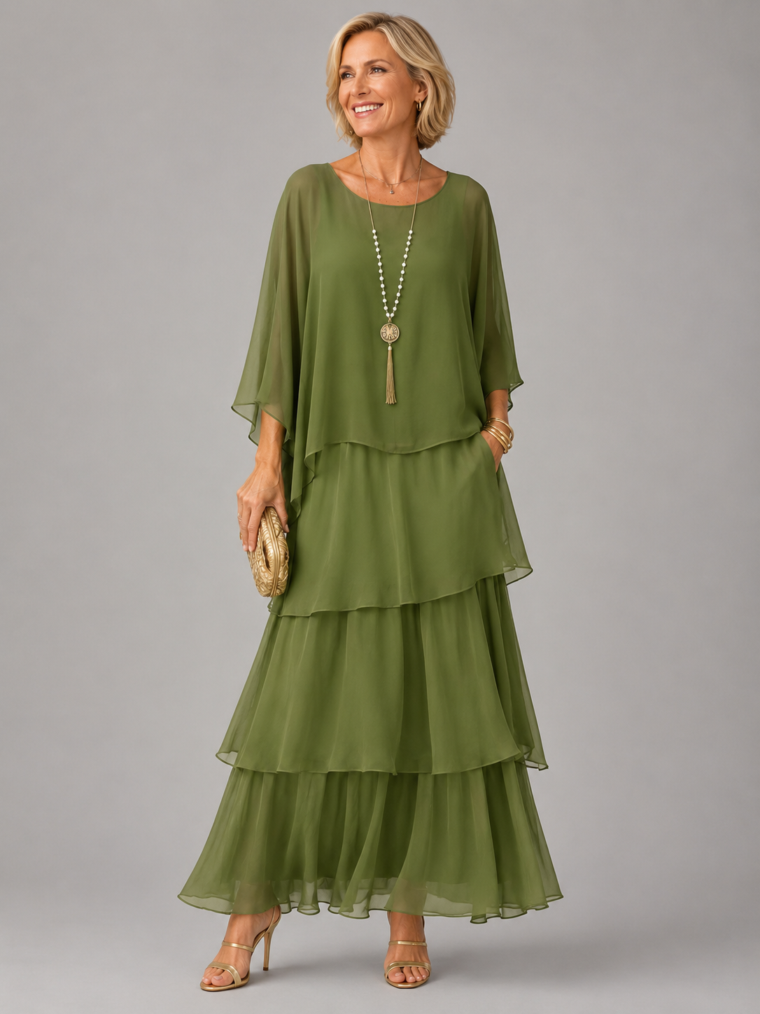 Ada Relaxed Layered Maxi Dress with Flowing Skirt – Dark Green