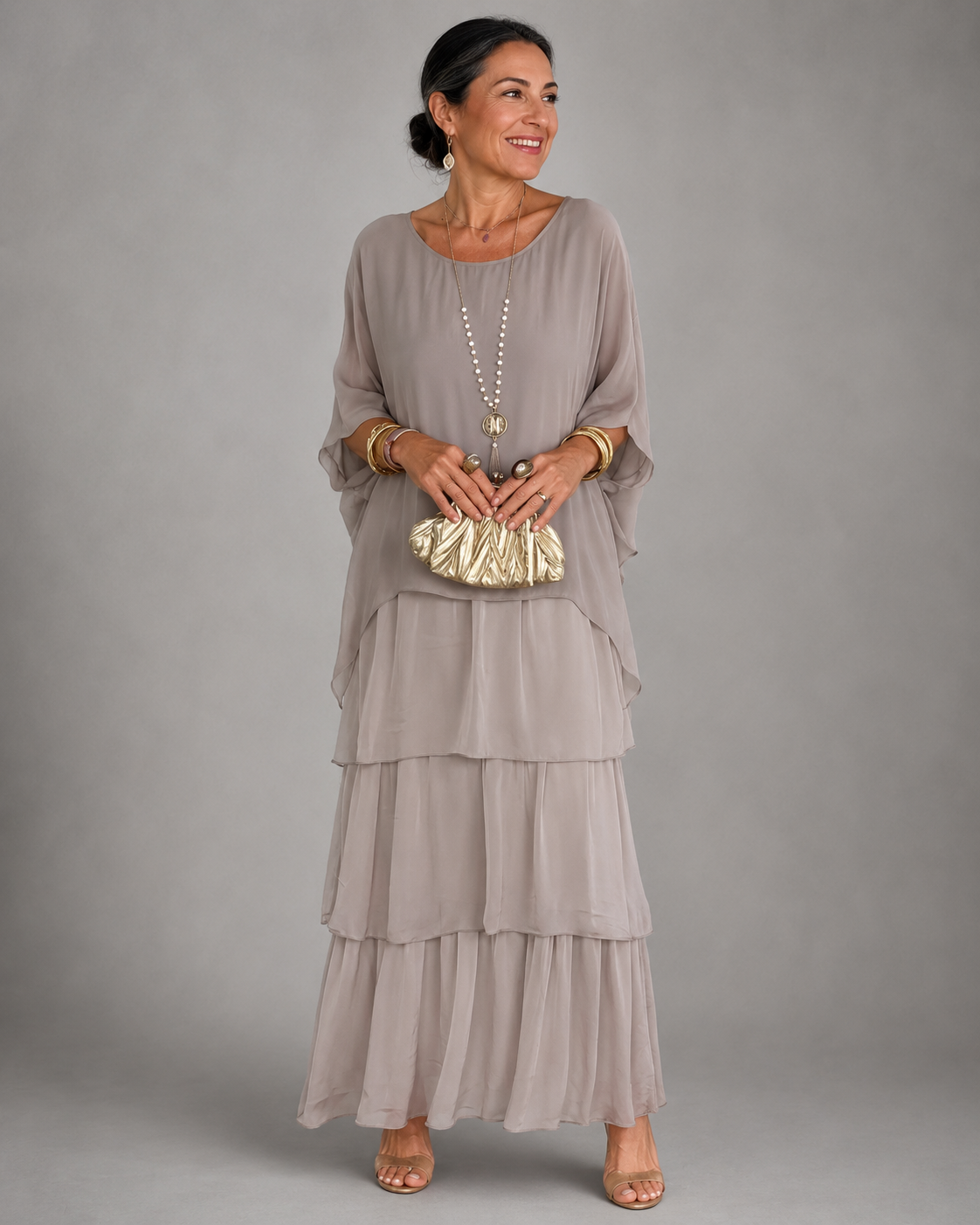 Ada Relaxed Layered Maxi Dress with Flowing Skirt – Grey