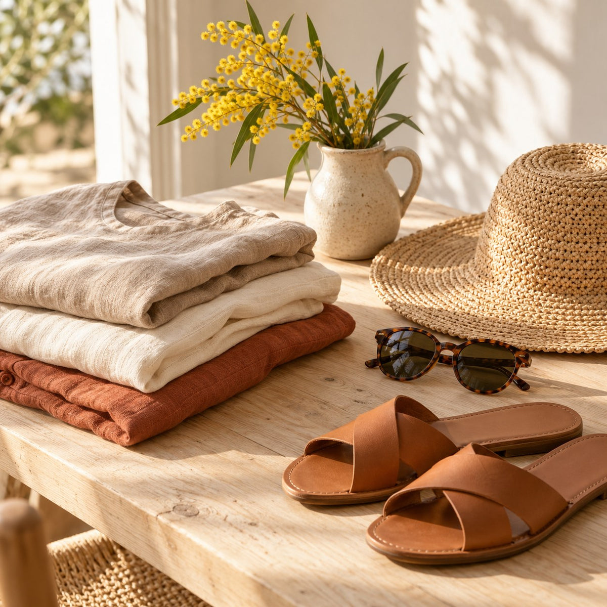Folded linen clothing with tan sandals, a straw hat and wattle flowers