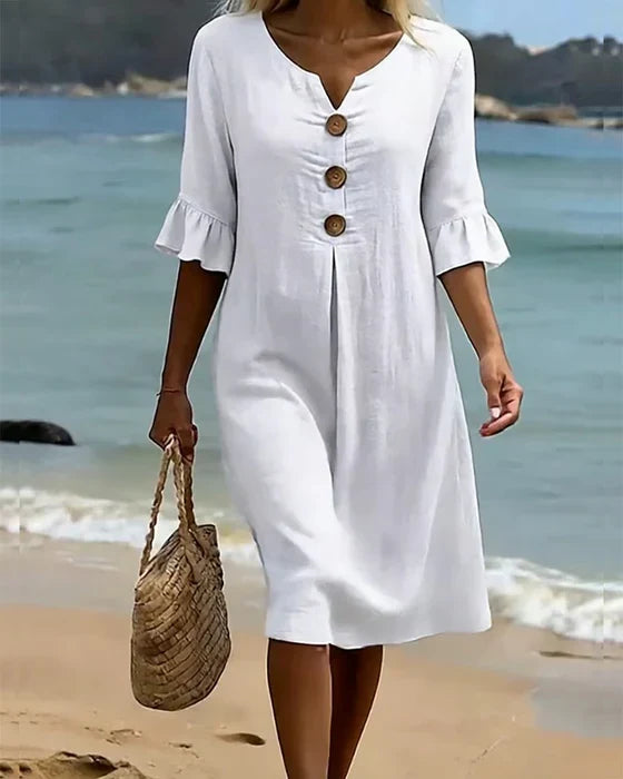 Anna Cotton-Linen Midi Dress with Puff Sleeves