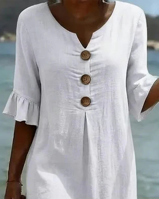 Anna Cotton-Linen Midi Dress with Puff Sleeves