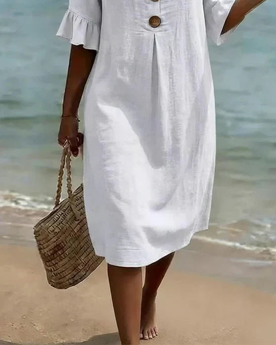 Anna Cotton-Linen Midi Dress with Puff Sleeves