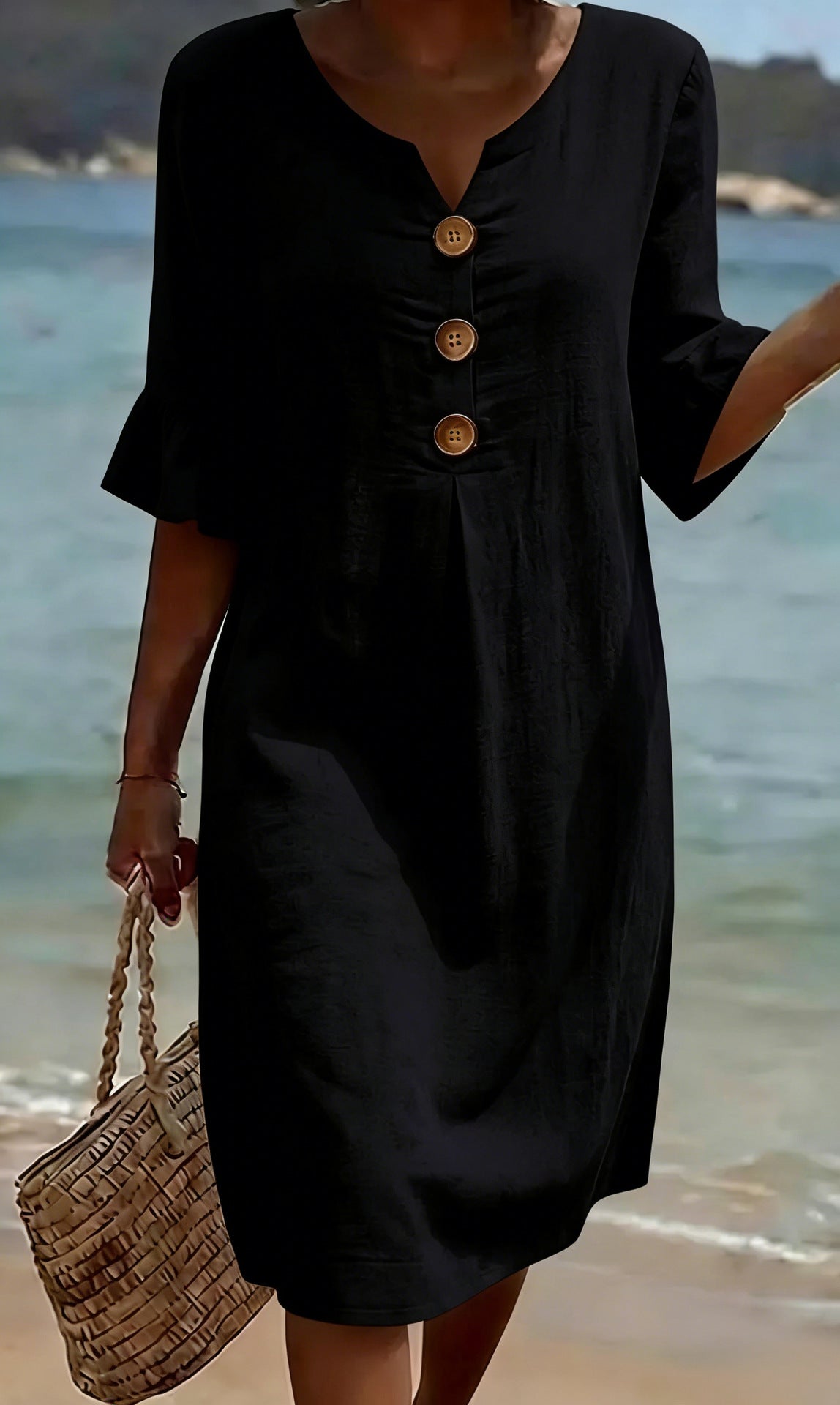 Anna Cotton-Linen Midi Dress with Puff Sleeves – Black