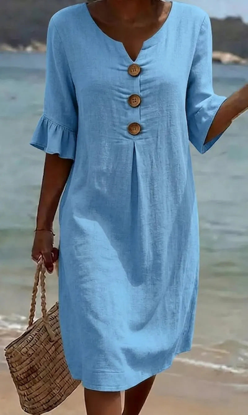 Anna Cotton-Linen Midi Dress with Puff Sleeves – Blue