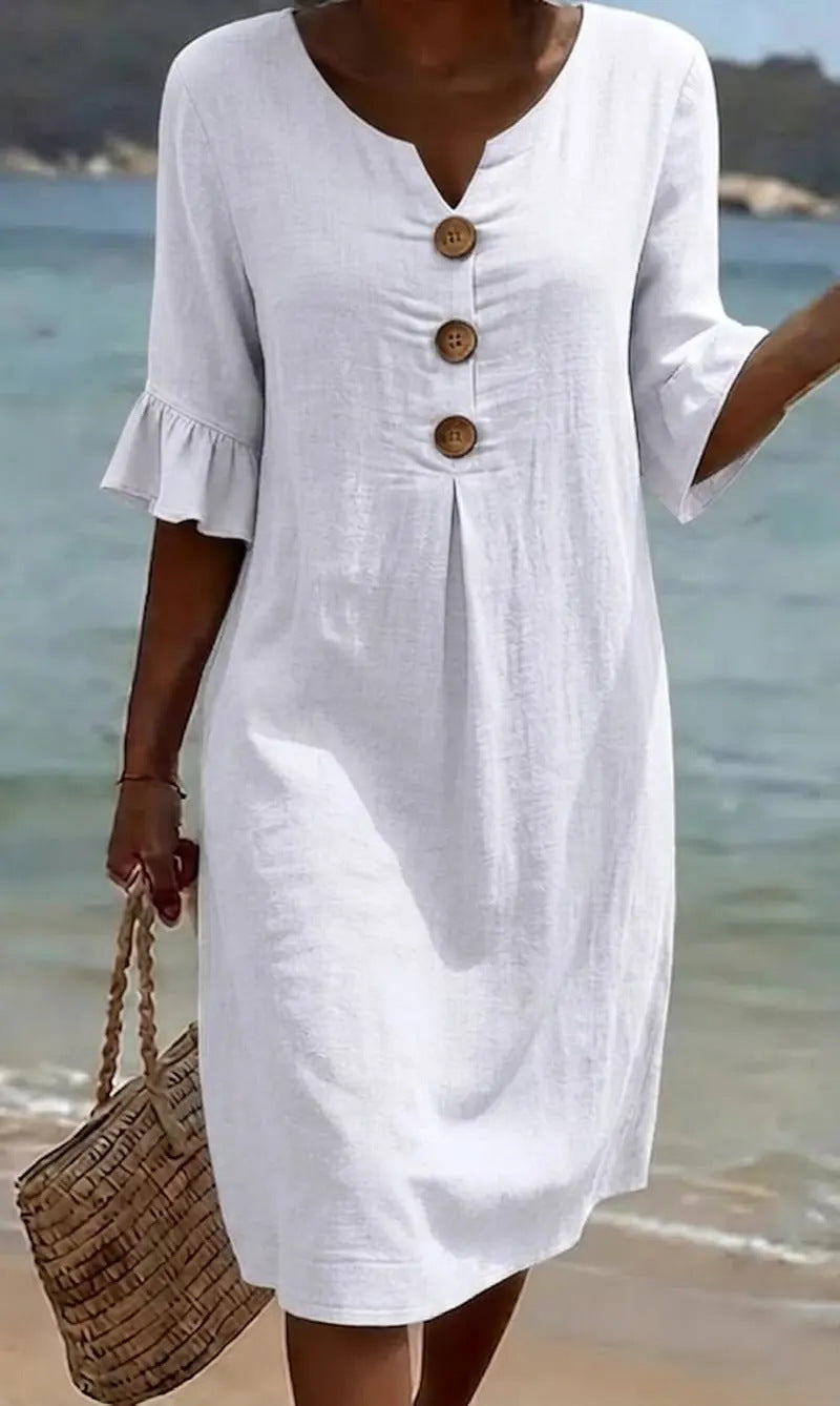 Anna Cotton-Linen Midi Dress with Puff Sleeves – White