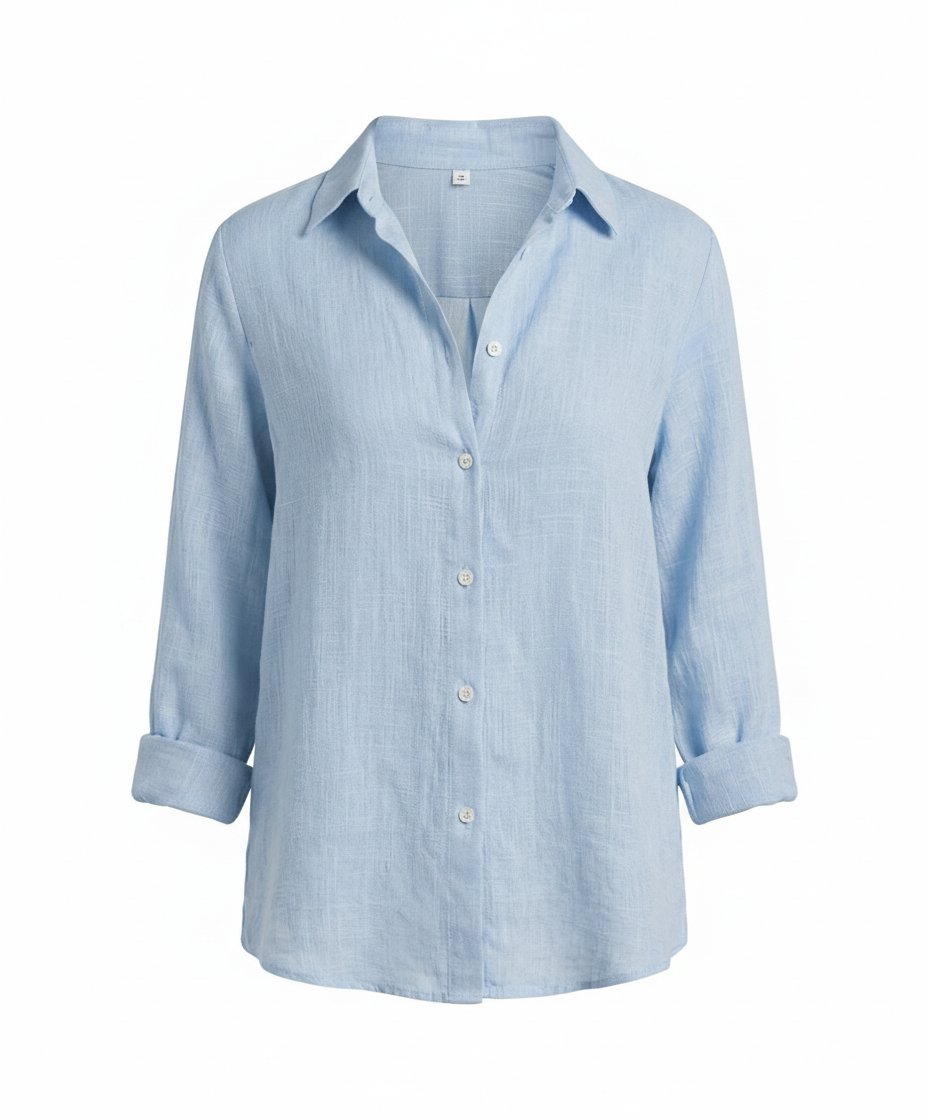 Annie Classic Linen-Look Shirt with Rolled Three-Quarter Sleeves – Blue
