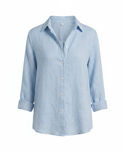 Annie Classic Linen-Look Shirt with Rolled Three-Quarter Sleeves – Blue