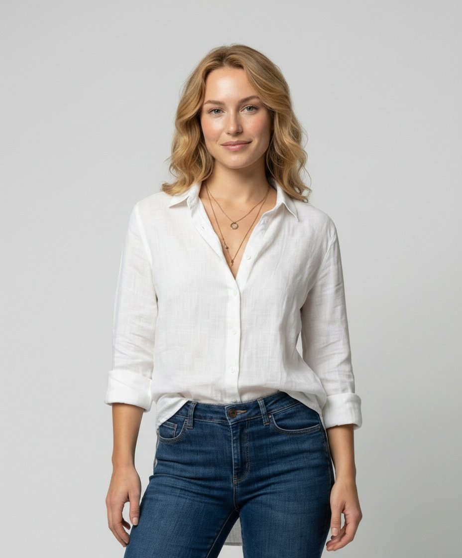 Annie Classic Linen-Look Shirt with Rolled Three-Quarter Sleeves – White