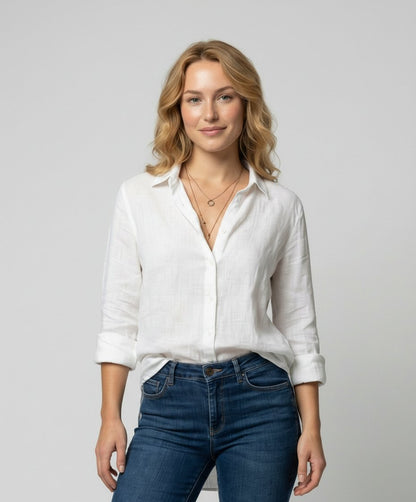 Annie Classic Linen-Look Shirt with Rolled Three-Quarter Sleeves – White