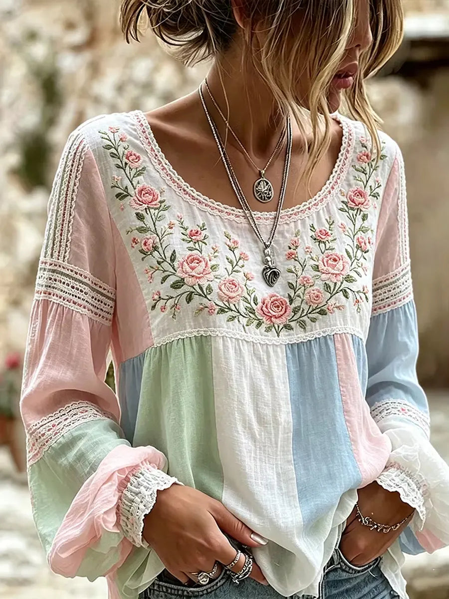 Beth Floral Embroidered Linen-Look Blouse with Lace Trim – Multicolour