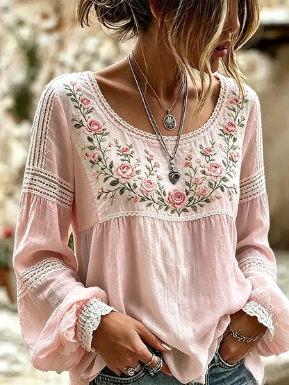 Beth Floral Embroidered Linen-Look Blouse with Lace Trim – Pink