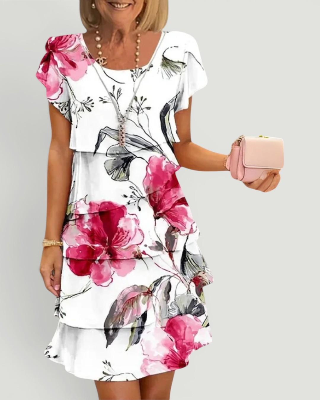 Bonnie Floral Summer Midi Dress with Tiered Skirt – White