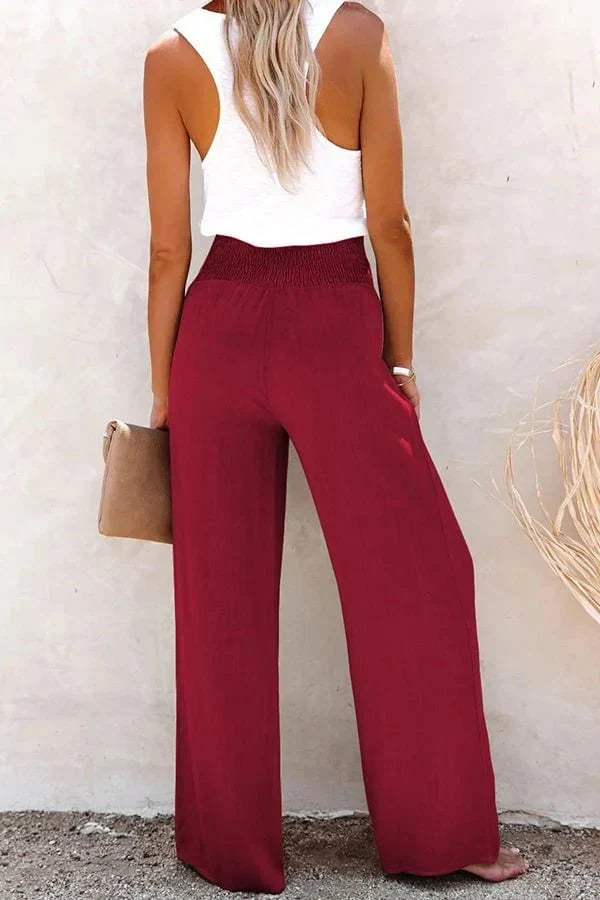 Bree Smocked Waist Wide Leg Pants with Side Pockets