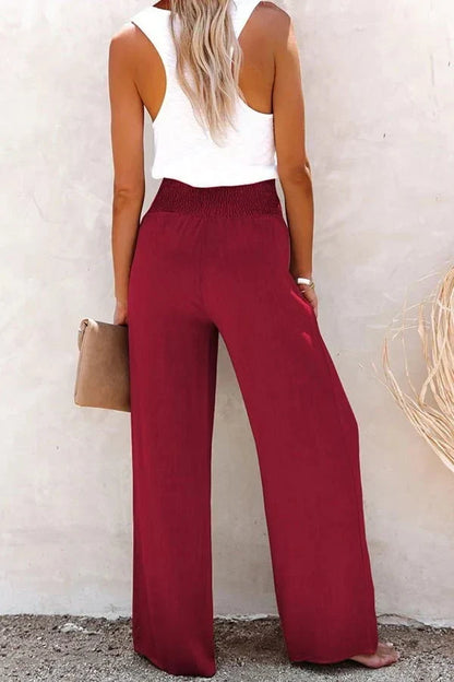 Bree Smocked Waist Wide Leg Pants with Side Pockets