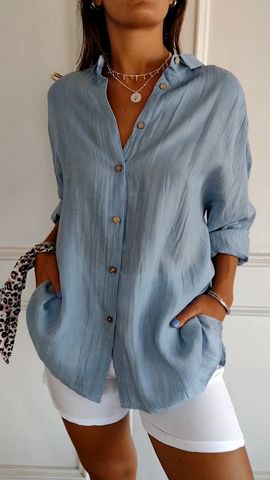 Bridie Oversized Linen-Look Shirt with Side Pockets – Blue