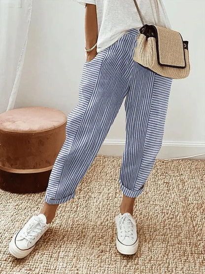 Carly Striped Linen-Look Capri Pants with Tapered Leg – Blue