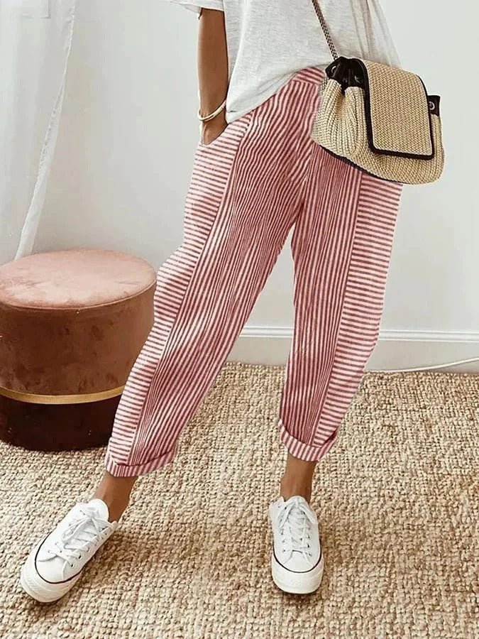 Carly Striped Linen-Look Capri Pants with Tapered Leg – Red