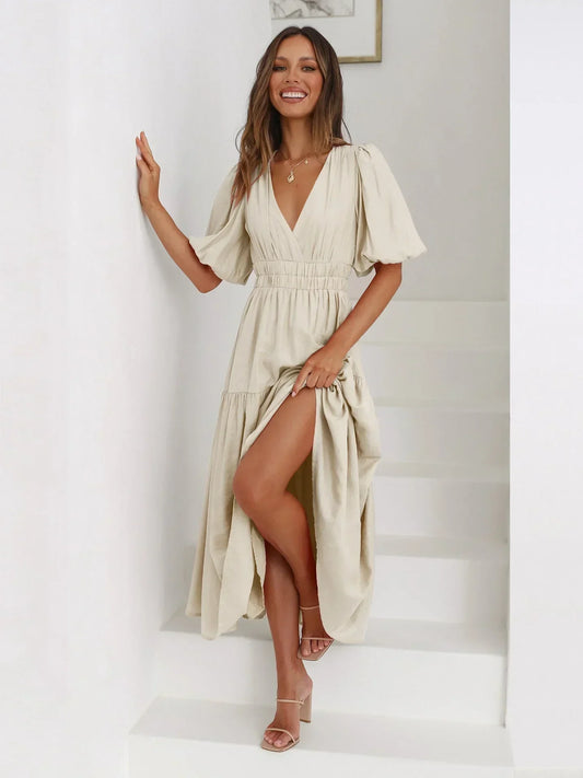 Clara Elegant Puff Sleeve Midi Dress with V-Neck