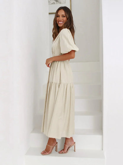 Clara Elegant Puff Sleeve Midi Dress with V-Neck