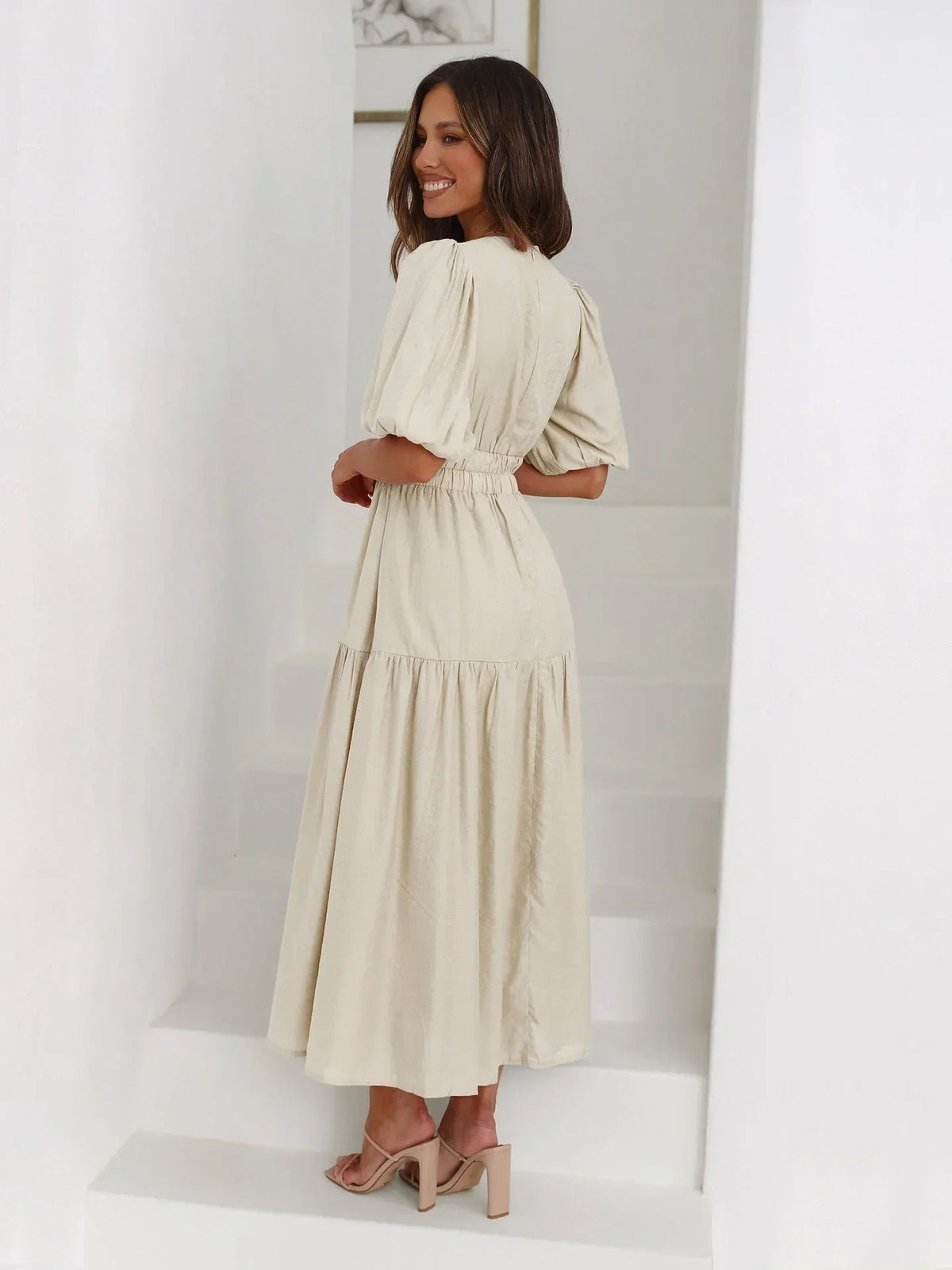 Clara Elegant Puff Sleeve Midi Dress with V-Neck