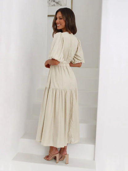 Clara Elegant Puff Sleeve Midi Dress with V-Neck