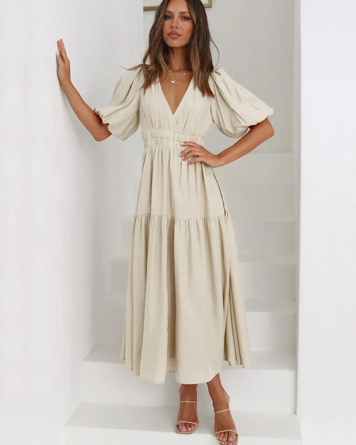 Clara Elegant Puff Sleeve Midi Dress with V-Neck – Beige