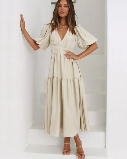 Clara Elegant Puff Sleeve Midi Dress with V-Neck – Beige