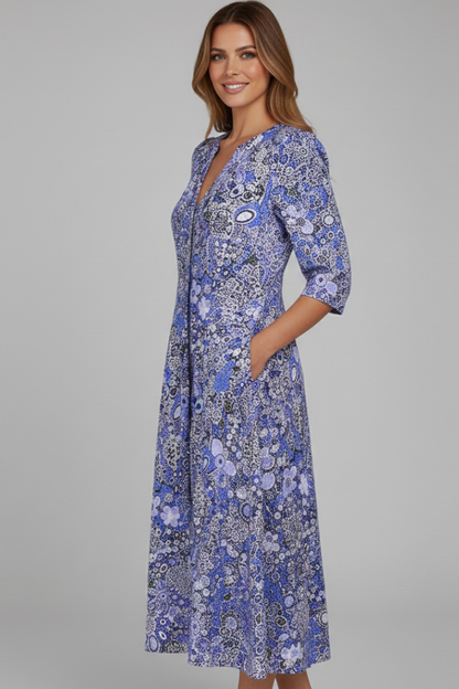 Daisy Ditsy Floral Midi Dress with Button V-Neck