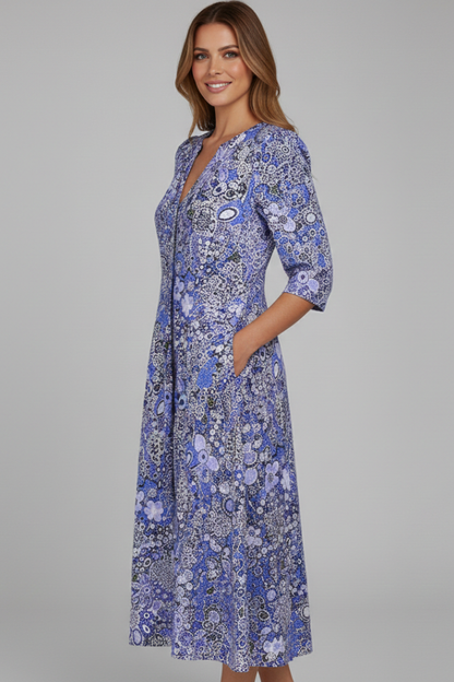 Daisy Ditsy Floral Midi Dress with Button V-Neck