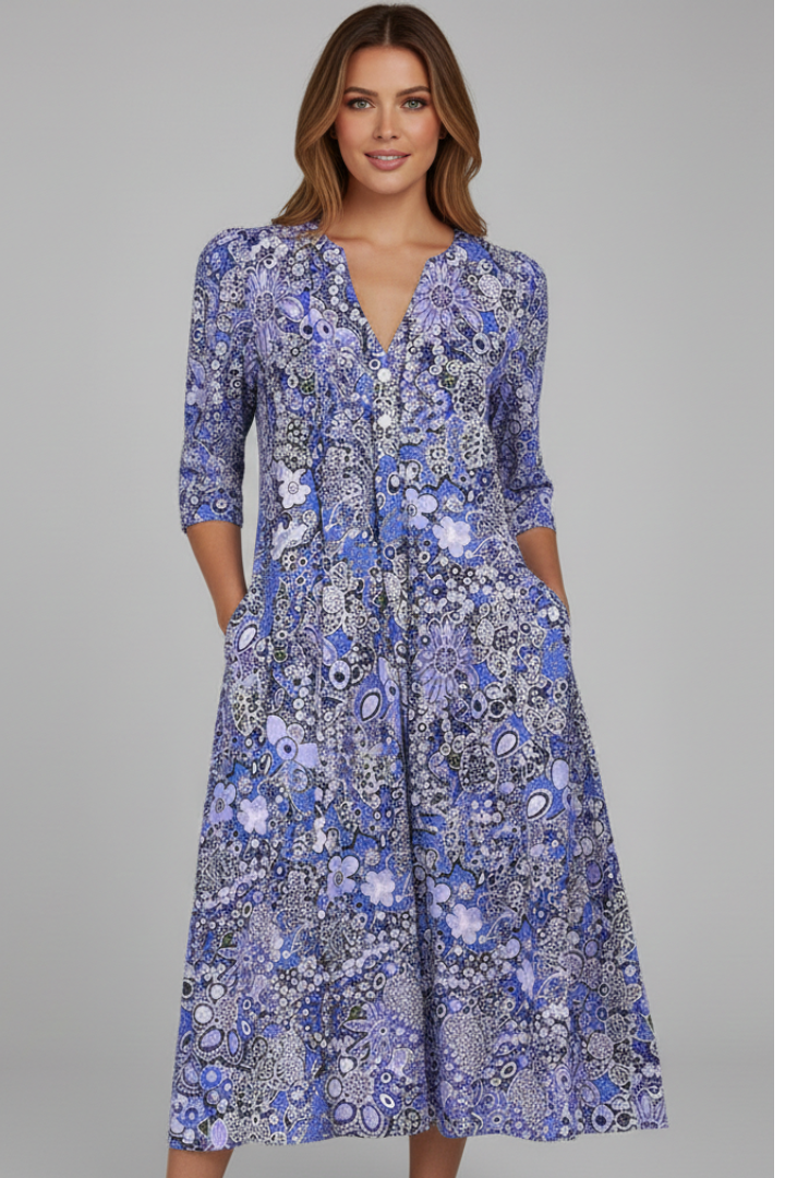 Daisy Ditsy Floral Midi Dress with Button V-Neck – Blue