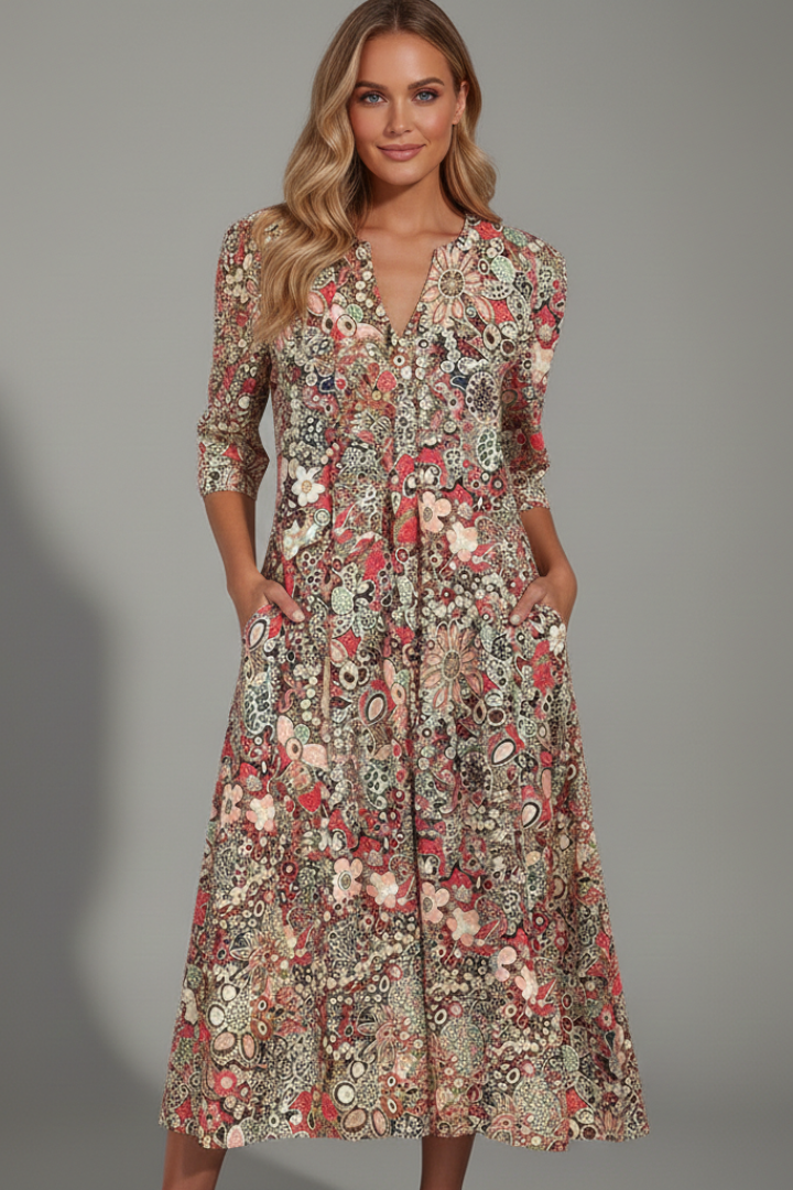 Daisy Ditsy Floral Midi Dress with Button V-Neck – Red