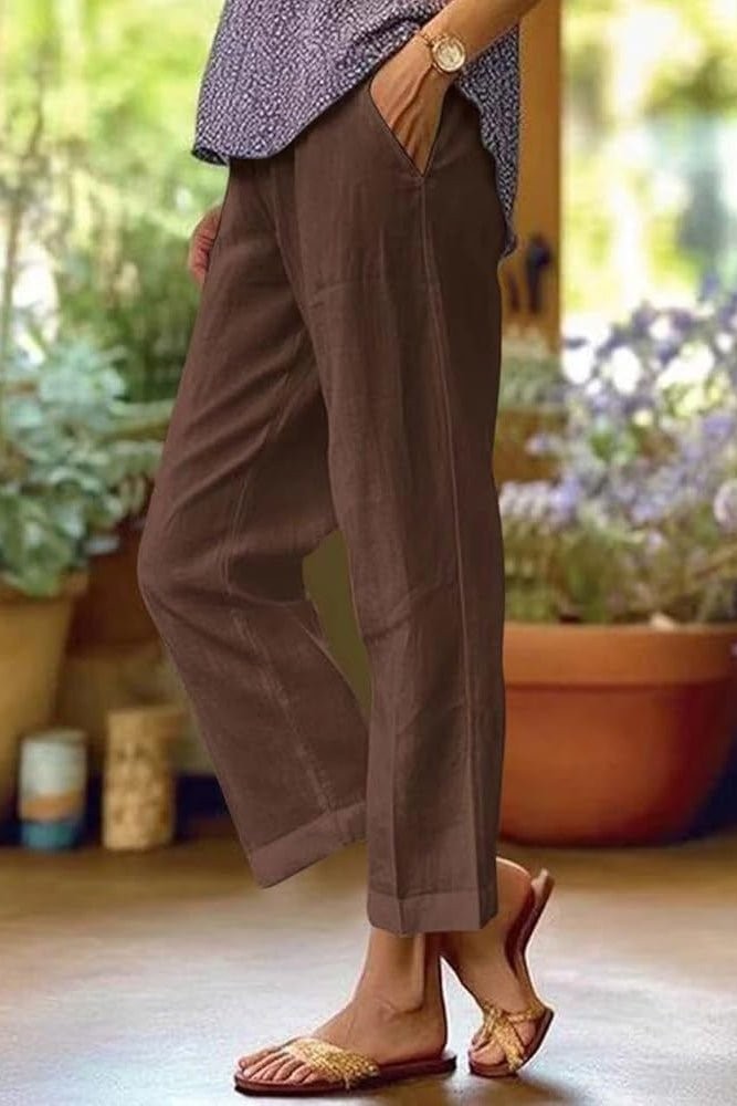 Dana Straight Leg Summer Capri Pants with Cuffed Hem – Brown