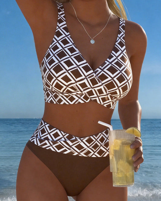 Daphne Classic Checkered Underwire Bikini with High Waisted Bottoms – Brown