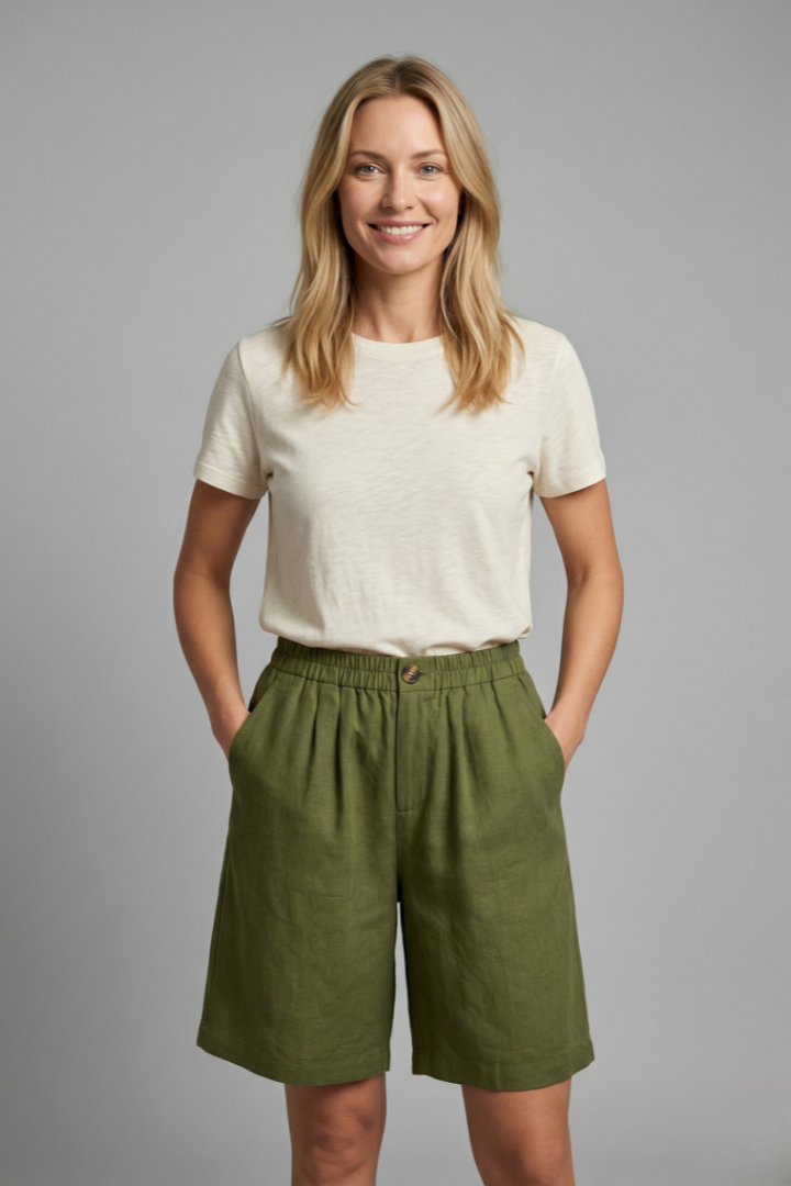 Eden Wide Leg Summer Shorts in Linen-Look Fabric – Army Green