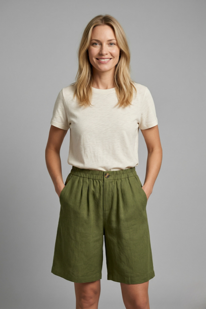 Eden Wide Leg Summer Shorts in Linen-Look Fabric – Army Green