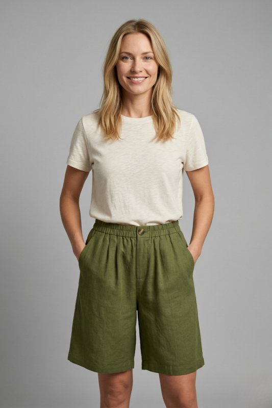 Eden Wide Leg Summer Shorts in Linen-Look Fabric – Army Green