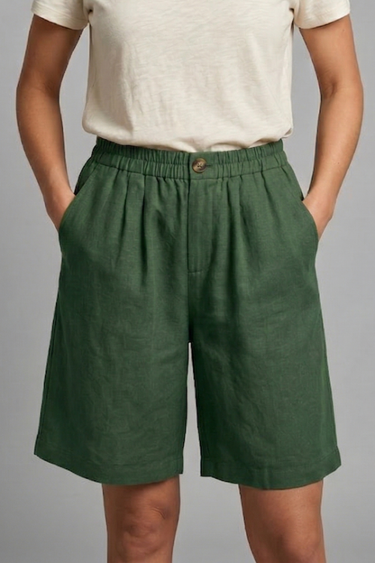 Eden Wide Leg Summer Shorts in Linen-Look Fabric – Green