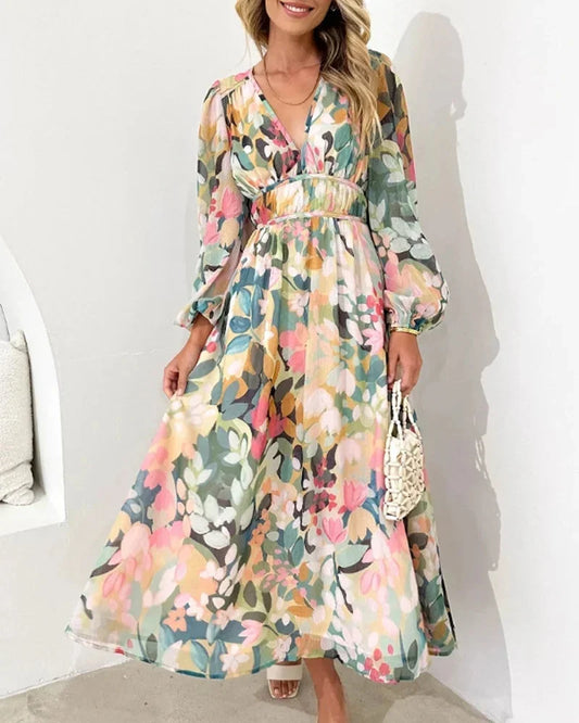 Edie Elegant Floral Maxi Dress with Long Sleeves – Floral