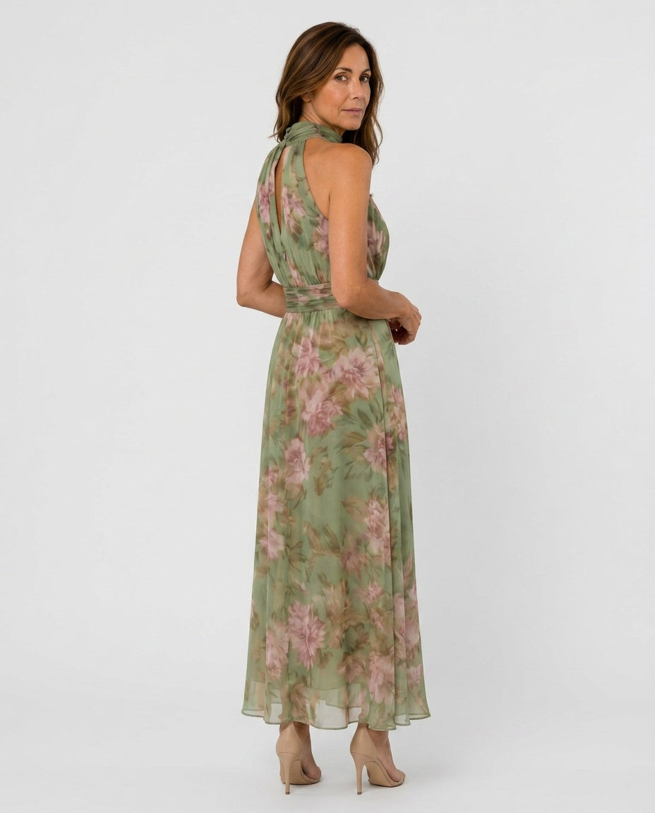 Elena Sage Green Halter Neck Midi Dress with Open Back