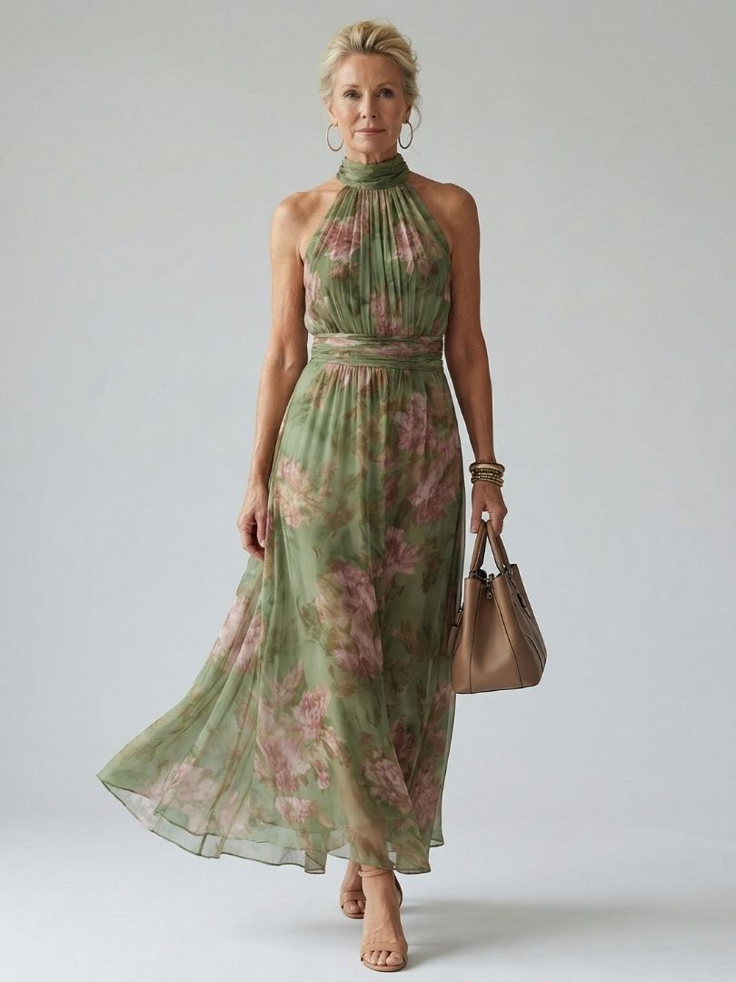Elena Sage Green Halter Neck Midi Dress with Open Back